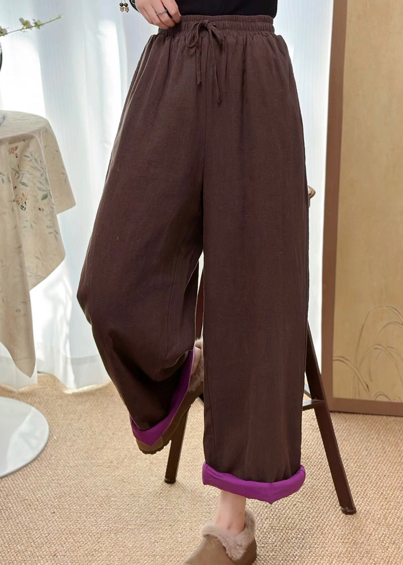 Coffee Pockets Elastic Waist Fine Cotton Filled Pants Winter