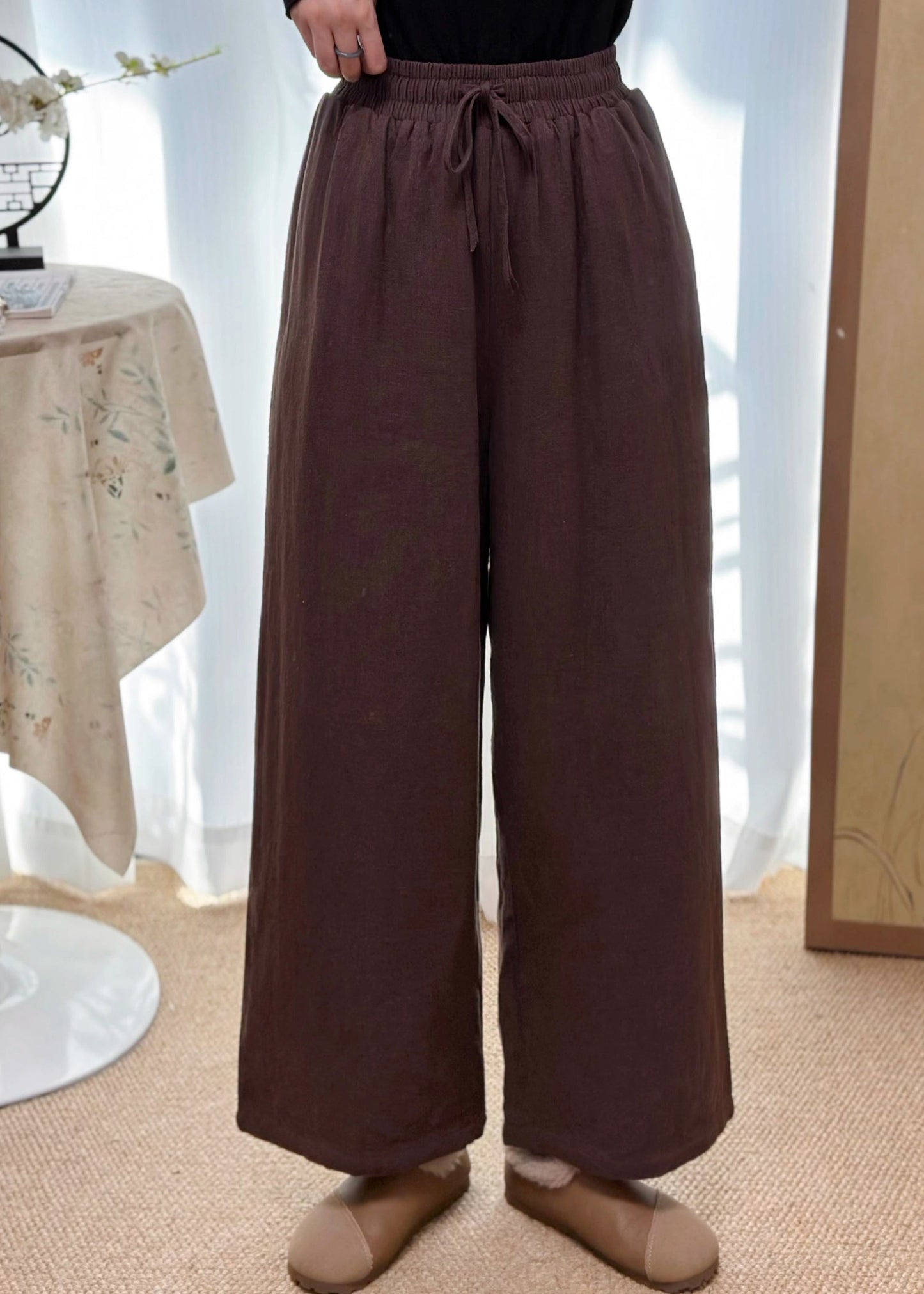 Coffee Pockets Elastic Waist Fine Cotton Filled Pants Winter