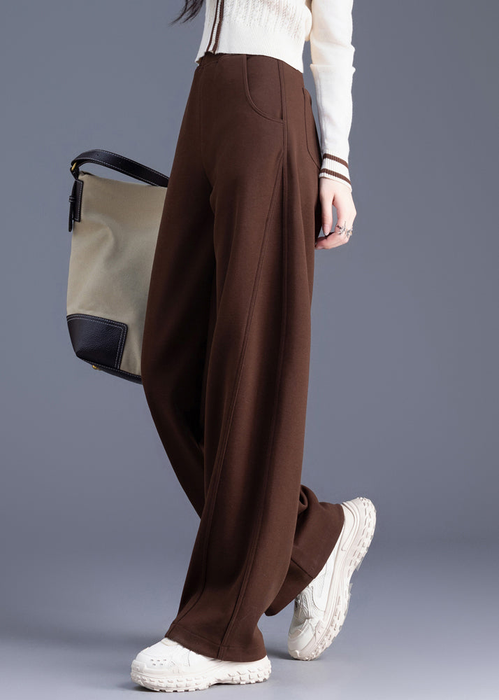 Coffee Pockets Elastic Waist Warm Fleece Pants