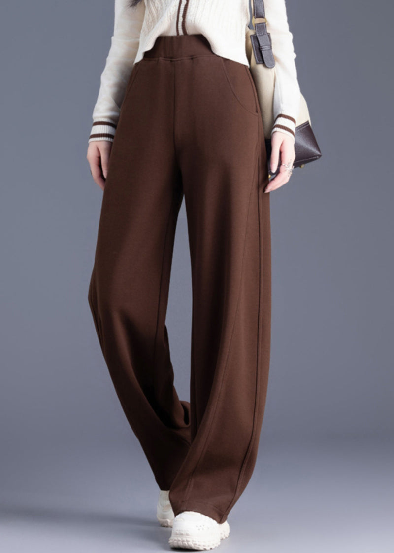 Coffee Pockets Elastic Waist Warm Fleece Pants