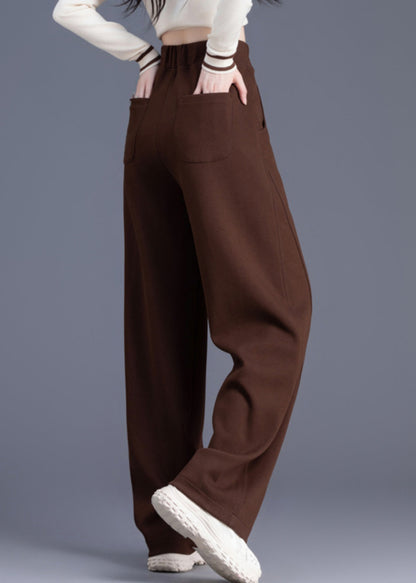 Coffee Pockets Elastic Waist Warm Fleece Pants