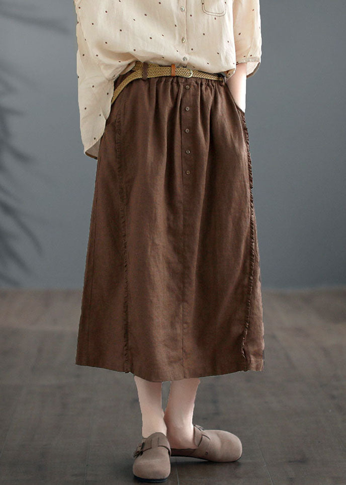 Coffee Ruffled Pockets Patchwork Linen Skirts Summer