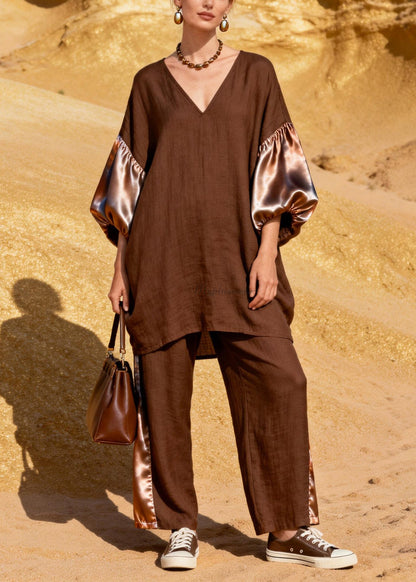 Coffee V Neck Patchwork Linen Silk Two Pieces Set Spring