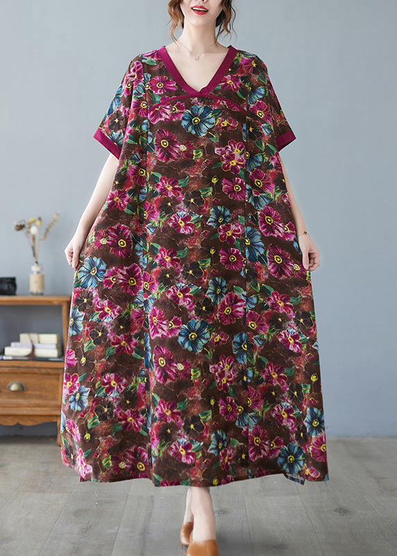 Coffee V Neck Print Cozy Maxi Dress Short Sleeve
