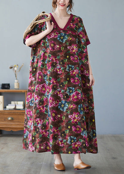 Coffee V Neck Print Cozy Maxi Dress Short Sleeve