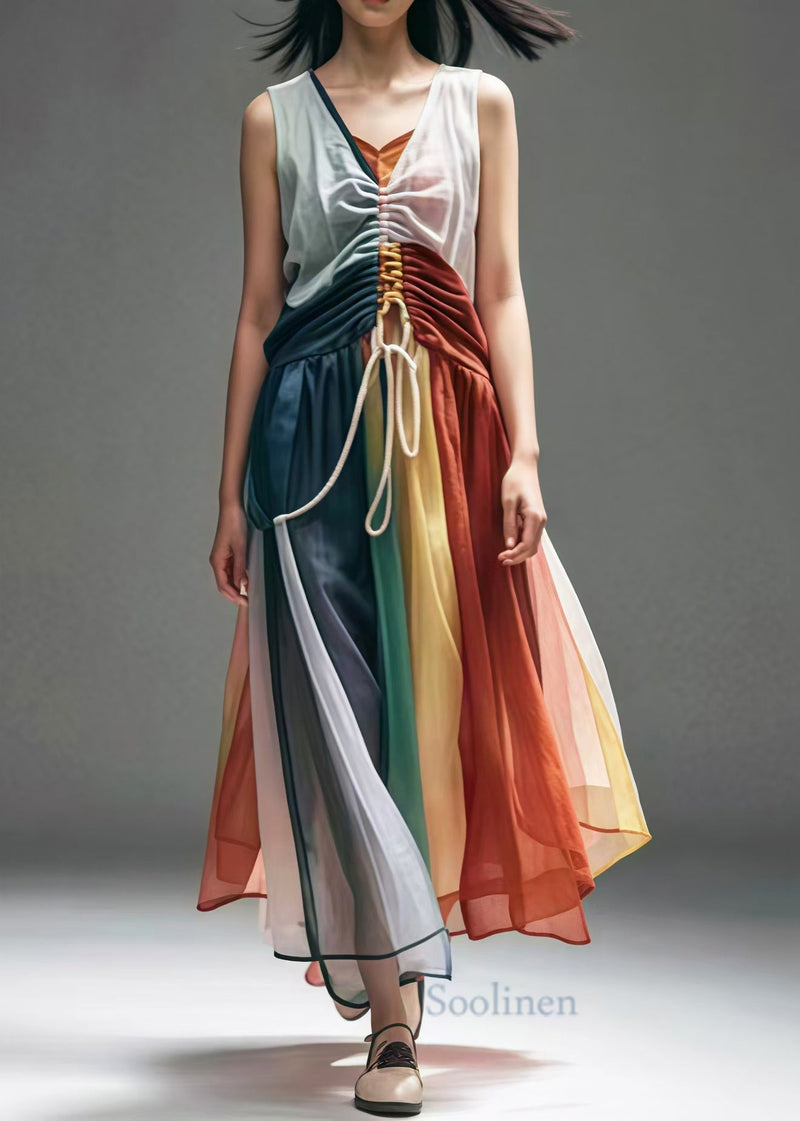 Colorblock Cinched Patchwork Cotton Dresses Sleeveless