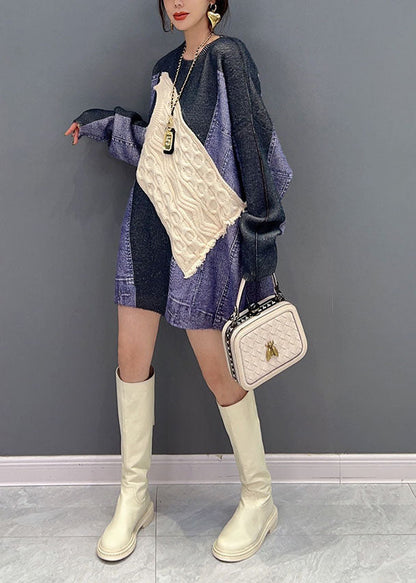 Colorblock O Neck Asymmetrical Patchwork Knit Top Winter