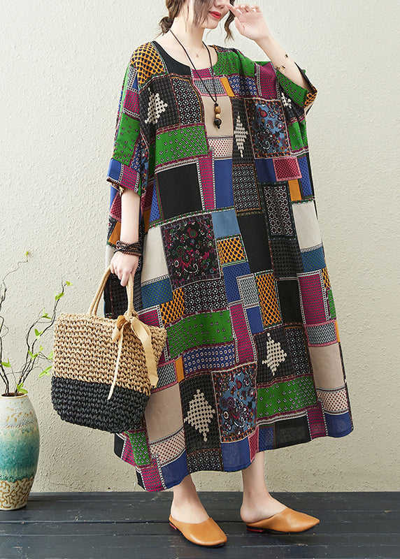 Colorblock O-neck Print Maxi Dress Summer