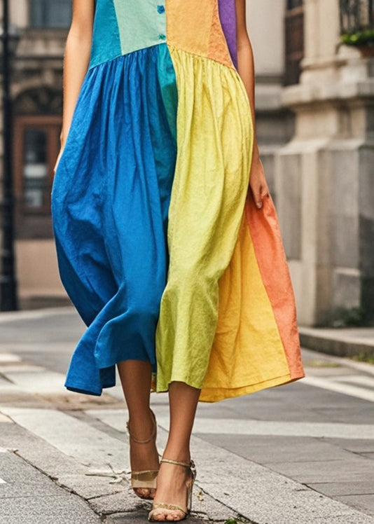 Colorblock Peter Pan Collar Patchwork Cotton Long Dress Sleeveless