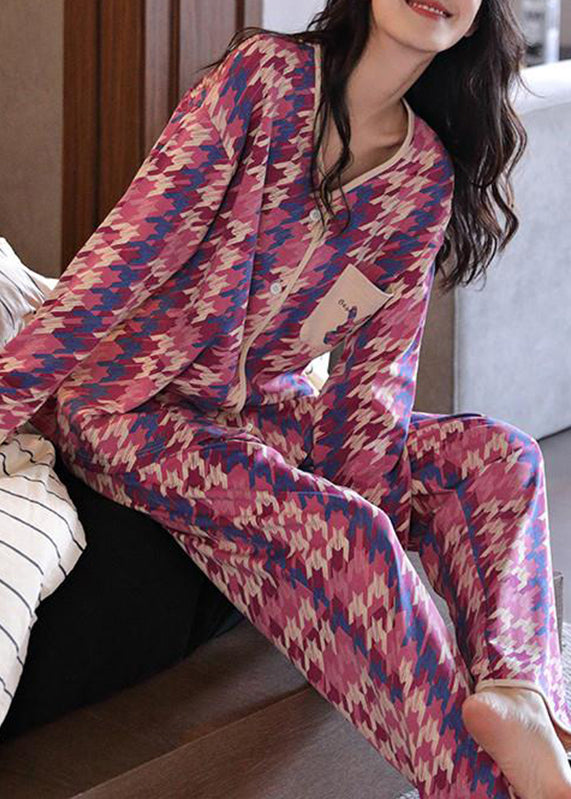 Colorblock Print Pockets Button Two Pieces Set Long Sleeve