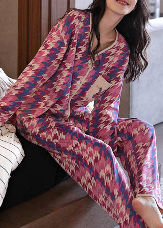 Colorblock Print Pockets Button Two Pieces Set Long Sleeve