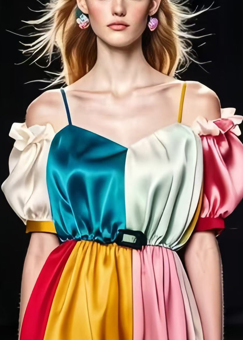 Colorblock Puff Sleeve Patchwork Silk Cami Dresses Summer