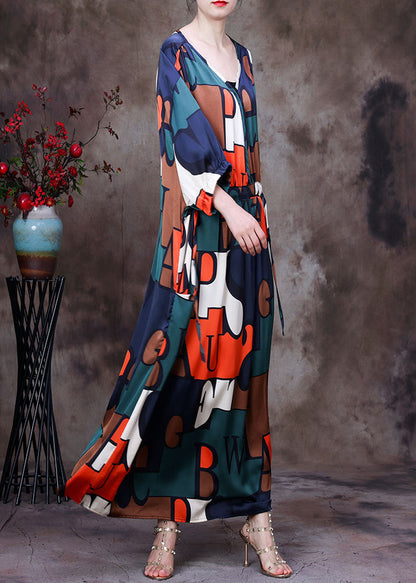 Colorblock V Neck Drawstring Letter Print Chiffon Long Dresses Summer
