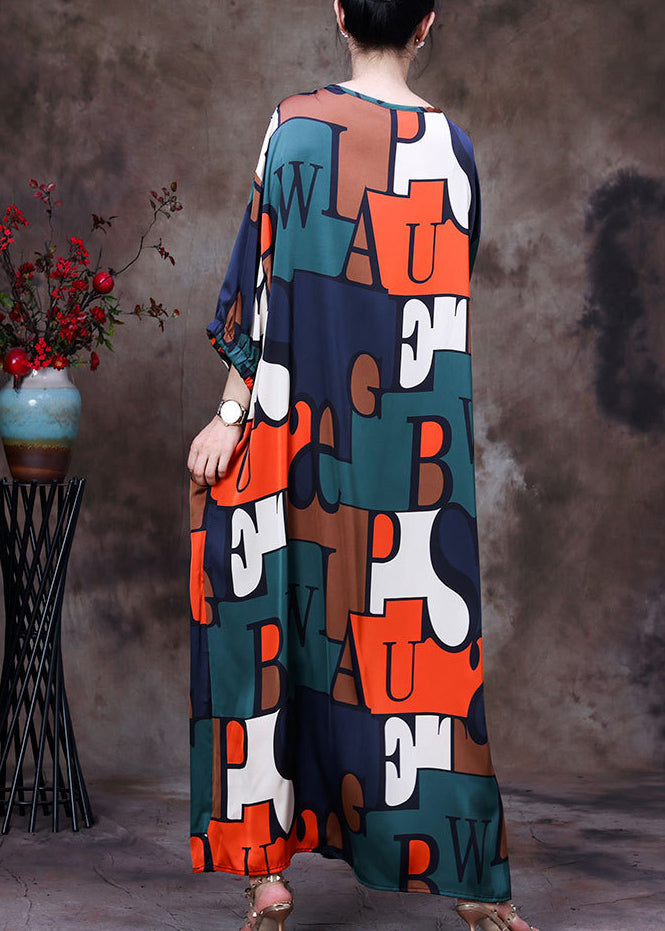 Colorblock V Neck Drawstring Letter Print Chiffon Long Dresses Summer