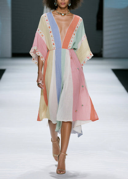 Colorblock V Neck Cotton Dress Summer