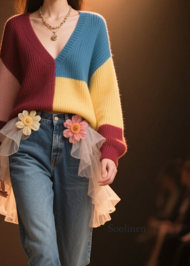 Colorblock V Neck Loose Knit Sweater Fall