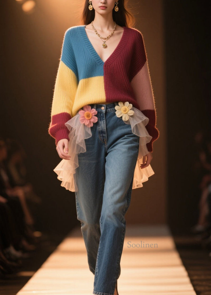 Colorblock V Neck Loose Knit Sweater Fall