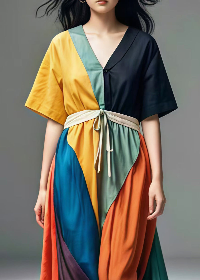 Colorblock V Neck Patchwork Cotton Maxi Dresses Summer
