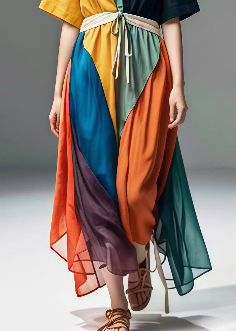 Colorblock V Neck Patchwork Cotton Maxi Dresses Summer