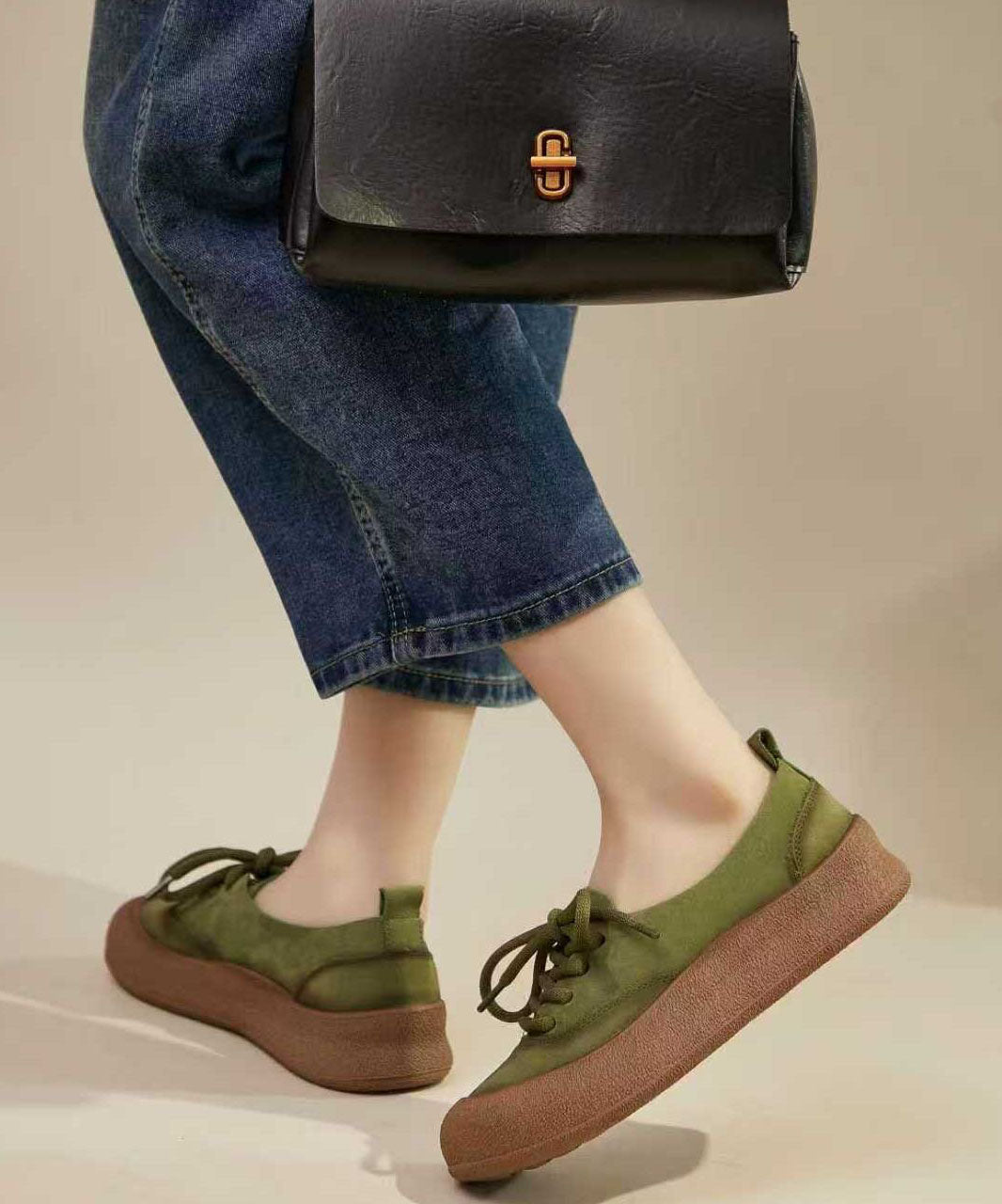 Comfy Green Cowhide Leather Flat Shoes Splicing Lace Up