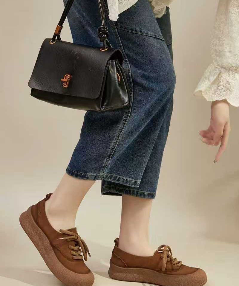 Comfy Green Cowhide Leather Flat Shoes Splicing Lace Up
