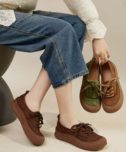 Comfy Green Cowhide Leather Flat Shoes Splicing Lace Up