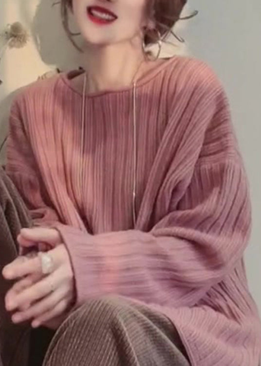 Cozy Pink O Neck Patchwork Knitted Tops Spring