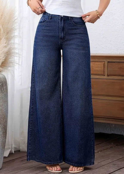 Dark Blue Pockets Patchwork Wide Leg Jeans Fall