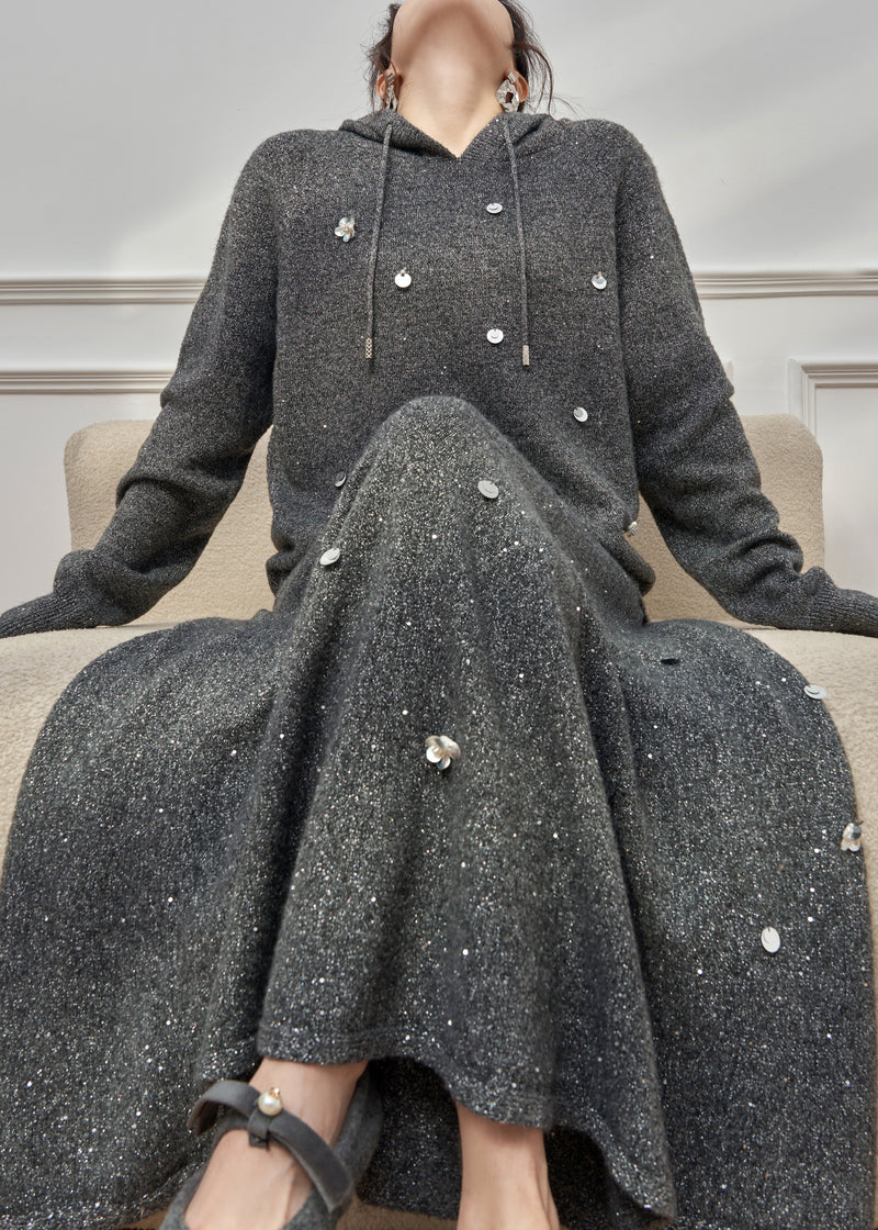 Dark Gray Hooded Sequins Knit Two Pieces Set Winter