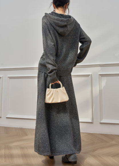 Dark Gray Hooded Sequins Knit Two Pieces Set Winter