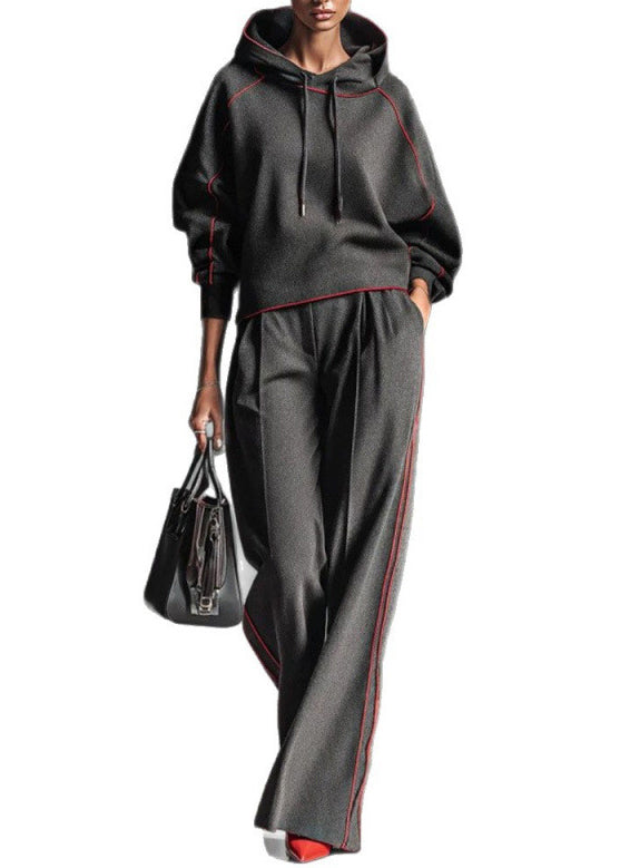 Dark Gray Hooded Striped Sweatshirts and Pants Cotton Two Pieces Set Spring