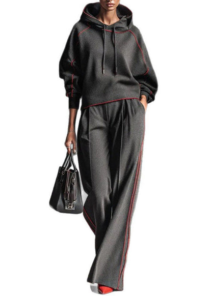 Dark Gray Hooded Striped Sweatshirts and Pants Cotton Two Pieces Set Spring