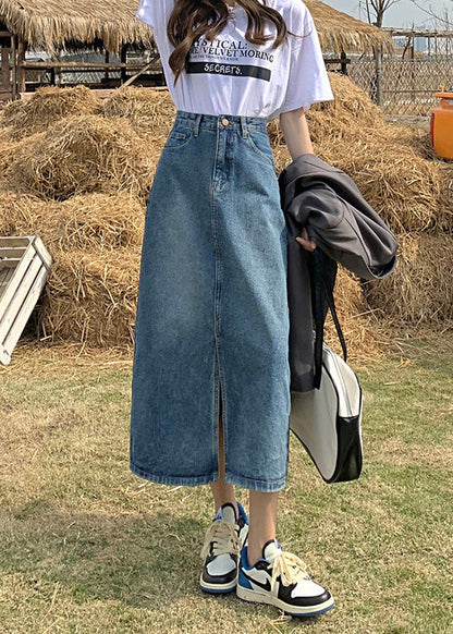 Denim Blue High Waist Patchwork a Line Skirts Summer