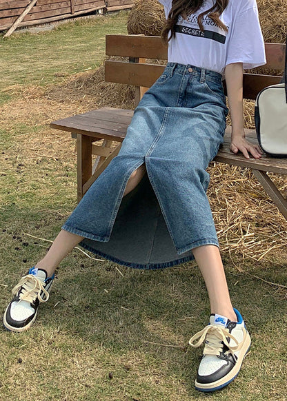 Denim Blue High Waist Patchwork a Line Skirts Summer