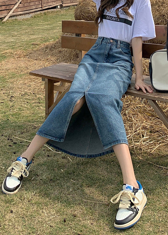 Denim Blue High Waist Patchwork a Line Skirts Summer
