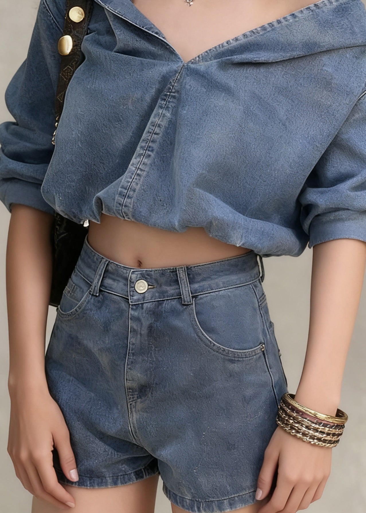 Denim Blue Hooded Coat and Shorts Two Pieces Set Spring