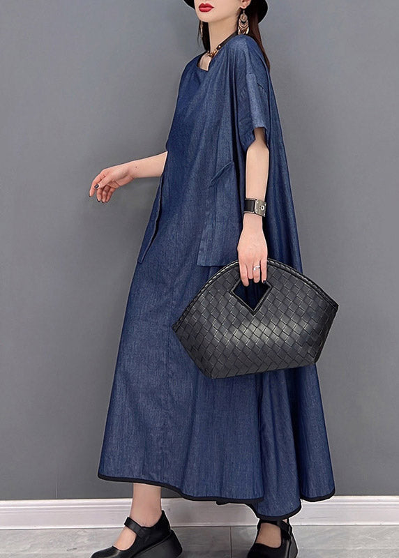 Denim Blue O-neck Pockets Long Dresses Short Sleeve