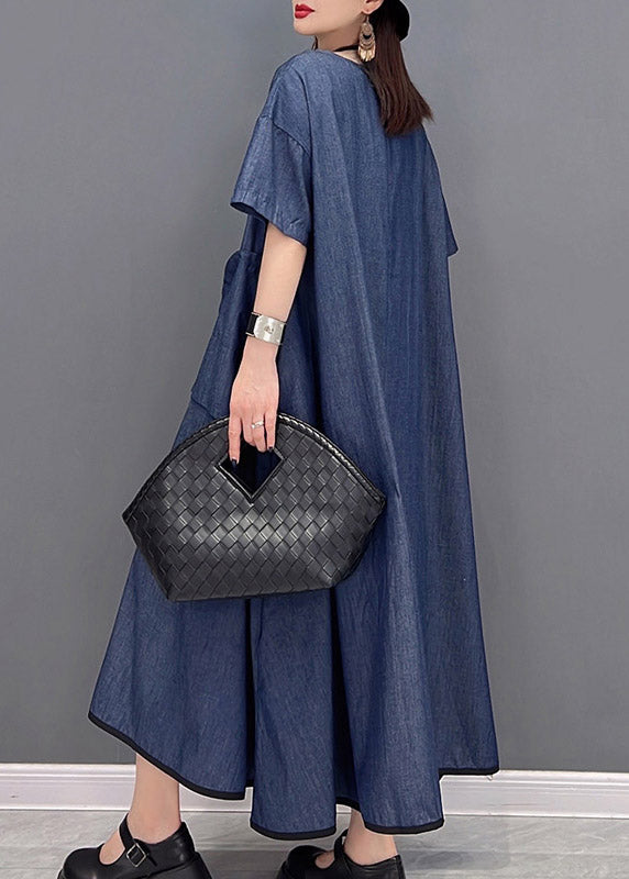 Denim Blue O-neck Pockets Long Dresses Short Sleeve