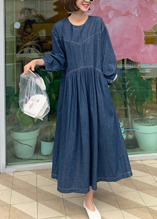 Denim Blue O-neck Wrinkled Patchwork Long Dress Spring
