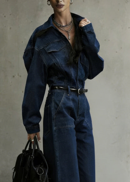 Denim Blue Peter Pan Collar Patchwork Pocket Jumpsuit Spring