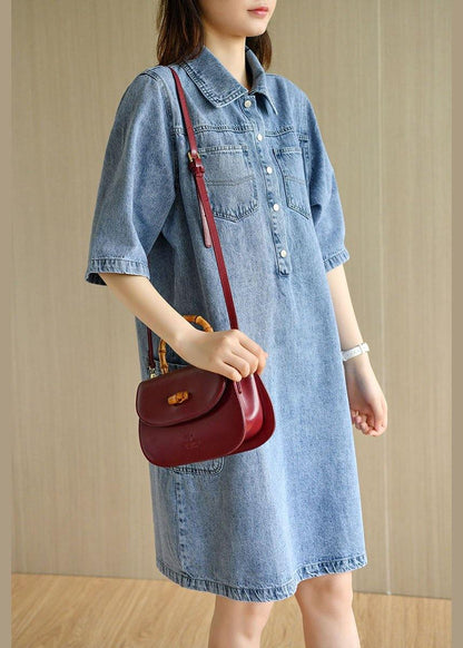 Denim Blue Peter Pan Collar Pockets Summer Cotton Mid Dress Half Sleeve