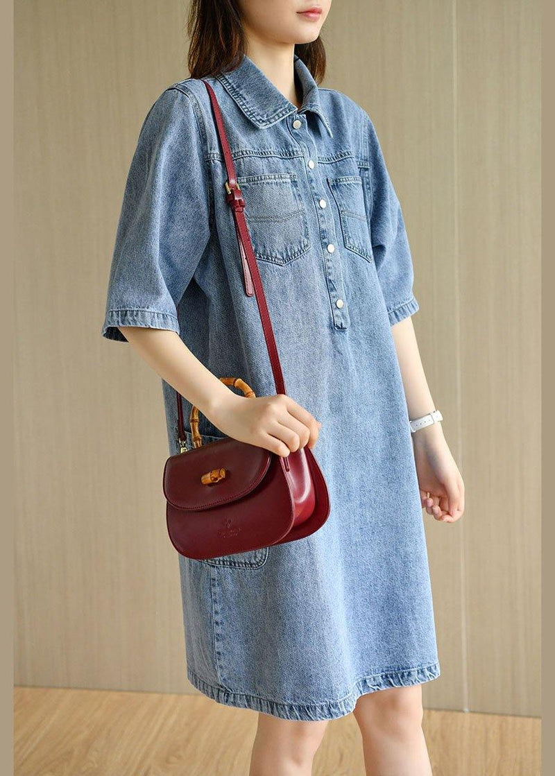 Denim Blue Peter Pan Collar Pockets Summer Cotton Mid Dress Half Sleeve