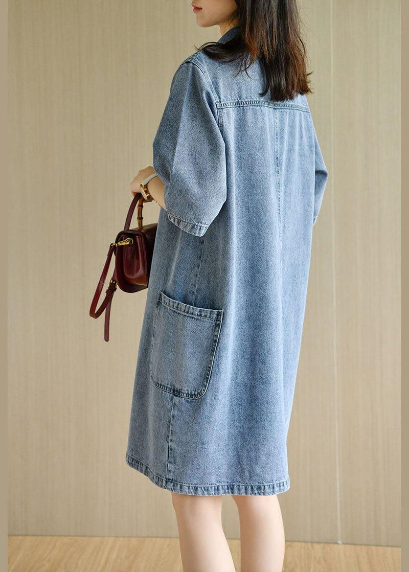 Denim Blue Peter Pan Collar Pockets Summer Cotton Mid Dress Half Sleeve