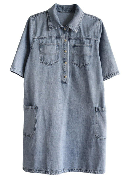 Denim Blue Peter Pan Collar Pockets Summer Cotton Mid Dress Half Sleeve