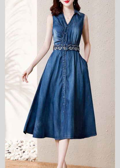 Denim Blue V Neck Button Sashes Cotton Party Long Dress Summer
