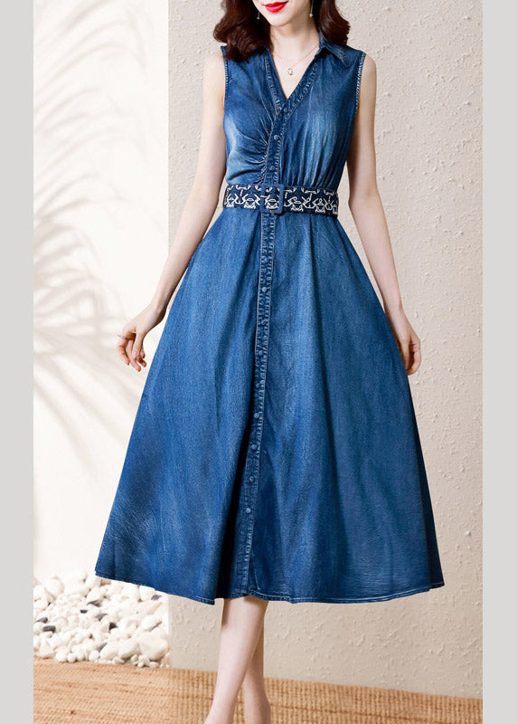 Denim Blue V Neck Button Sashes Cotton Party Long Dress Summer