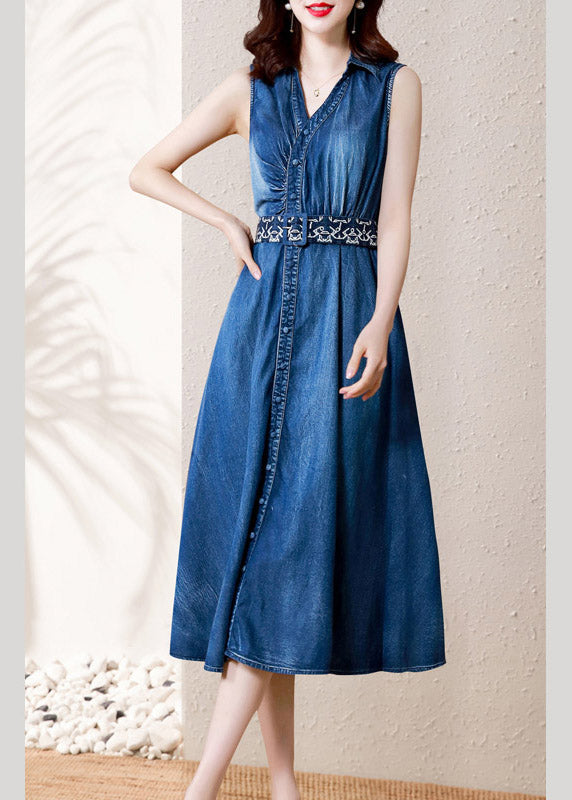 Denim Blue V Neck Button Sashes Cotton Party Long Dress Summer
