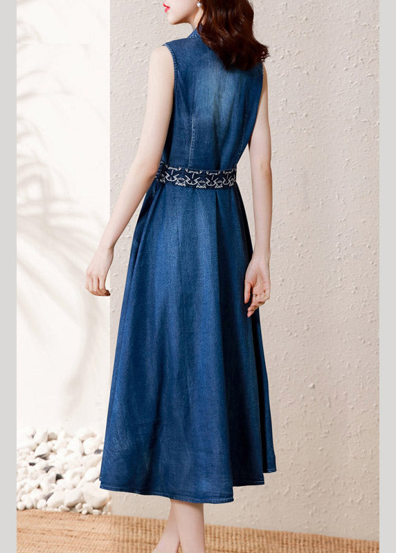 Denim Blue V Neck Button Sashes Cotton Party Long Dress Summer