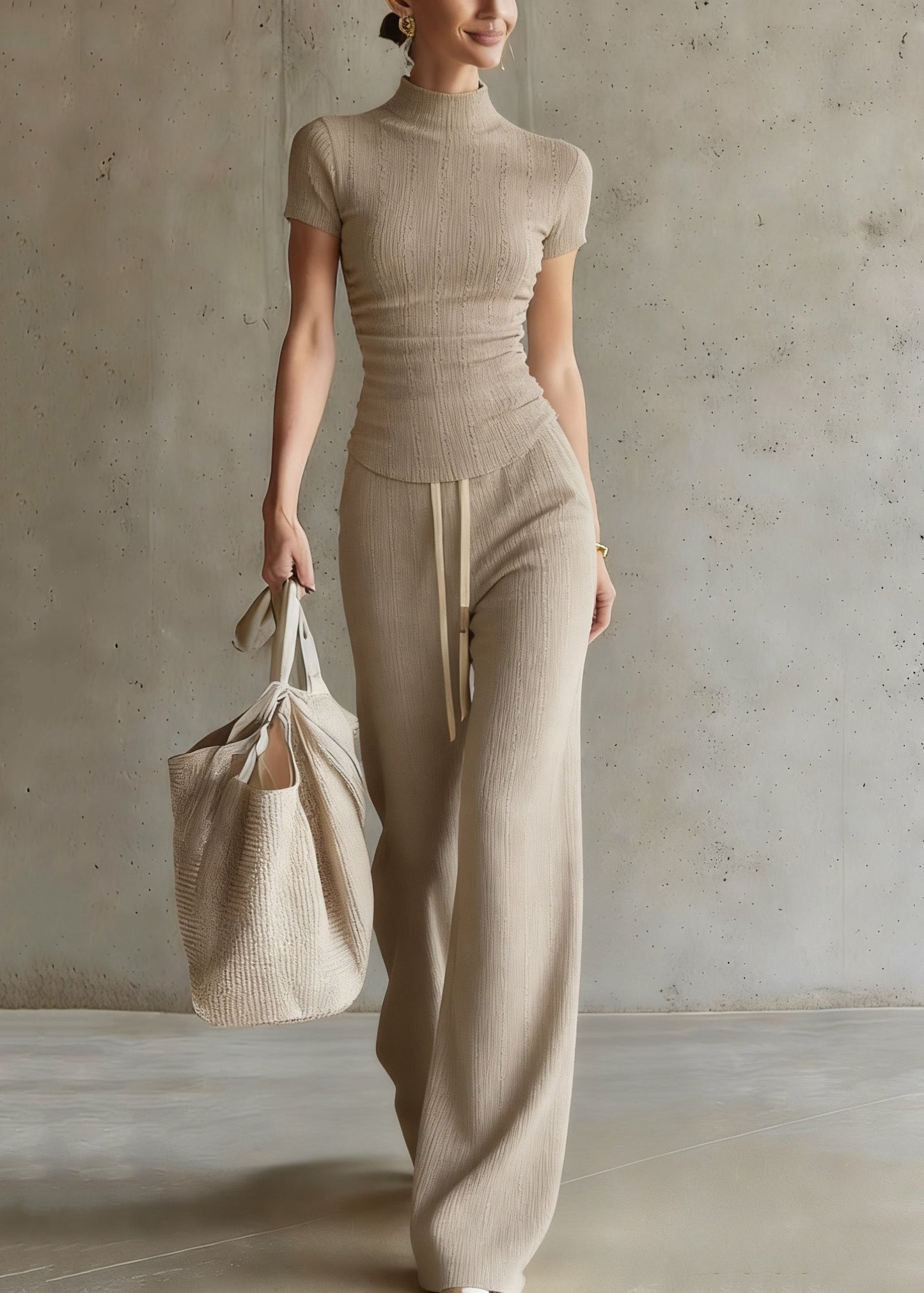 Drawstring Top and Wide Leg Pants Two Piece Set Short Sleeve