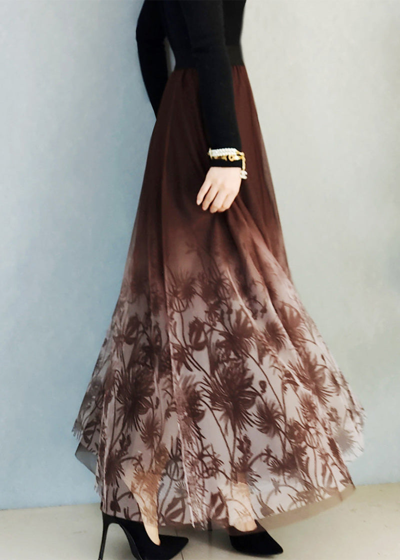 Embroideried Elastic Waist Tulle a Line Skirt Spring
